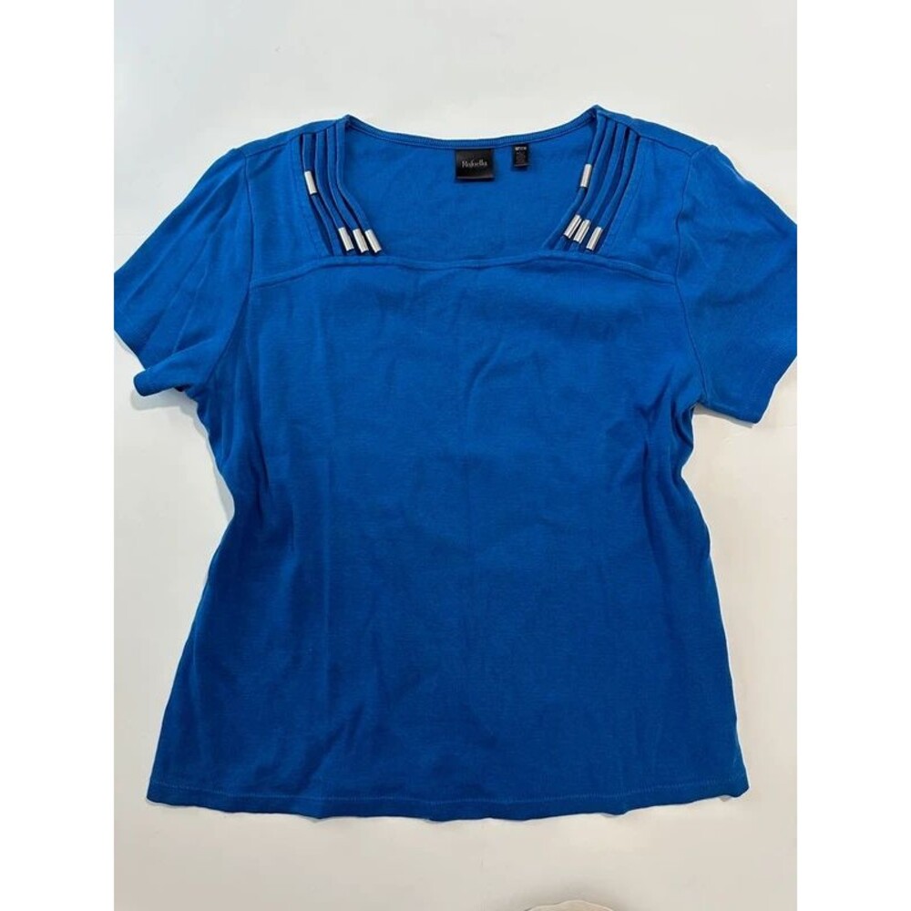 Vintage Rafaella Cobalt Blue Square Slit Neck Top Silver Hardware Accent T-Shirt
